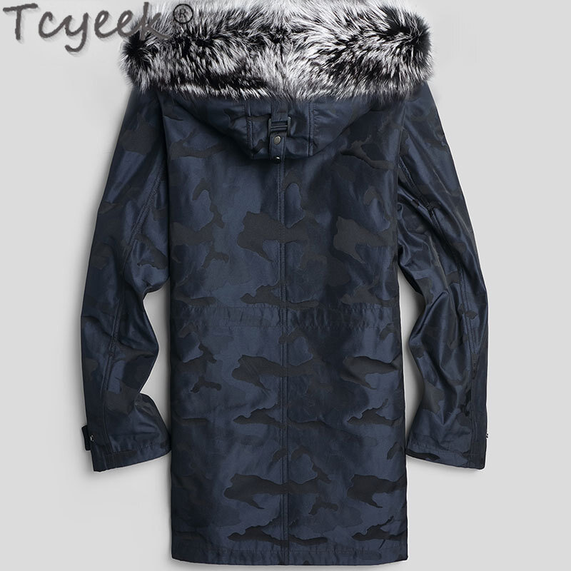 Tcyeek-Parka de longitud media con capucha para hombre, cuello de piel de zorro cálido, chaqueta de piel de conejo Rex, ropa de invierno delgada