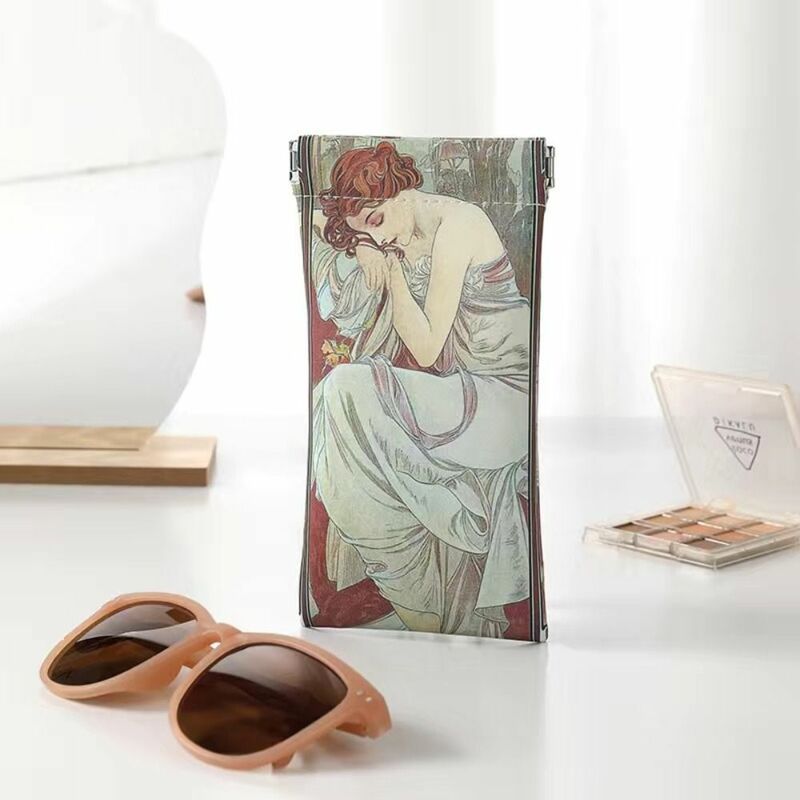 Automatic Closing Sun Glasses Case Mucha Painting PU Leather Glasses Box Waterproof Portable Sunglasses Protective Cover Unisex