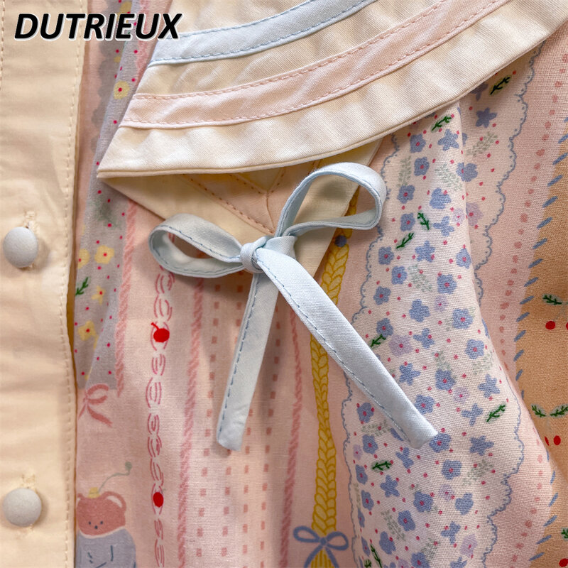 Женские топы, летняя милая ретро блузка в полоску в японском стиле с милым бантом, рубашка контрастных цветов с матросским воротником и короткими рукавами