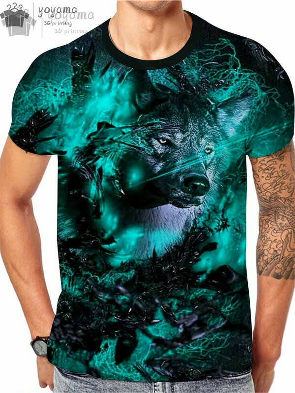 남성용 늑대 패턴 프린트 티셔츠, 하라주쿠 거리 반팔 티, O-넥 오버사이즈 티셔츠, 늑대 프린트 남성 의류, 패션