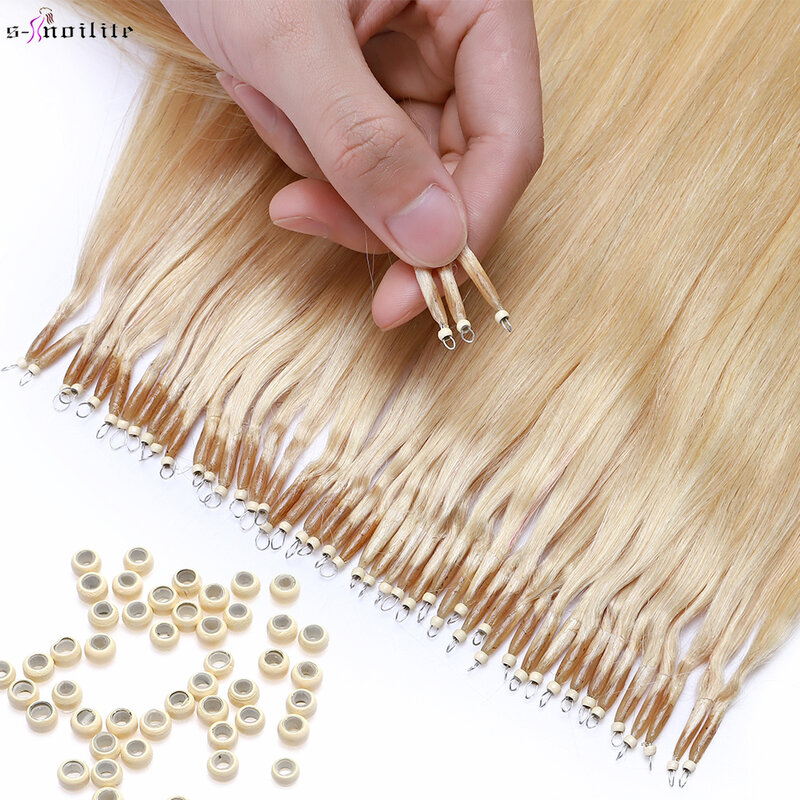 S-noilite 1 g/brin Nano anneaux Micro maillons Extensions de cheveux humains Micro perle pré-collée 16-24 pouces 50 pièces droite blond naturel