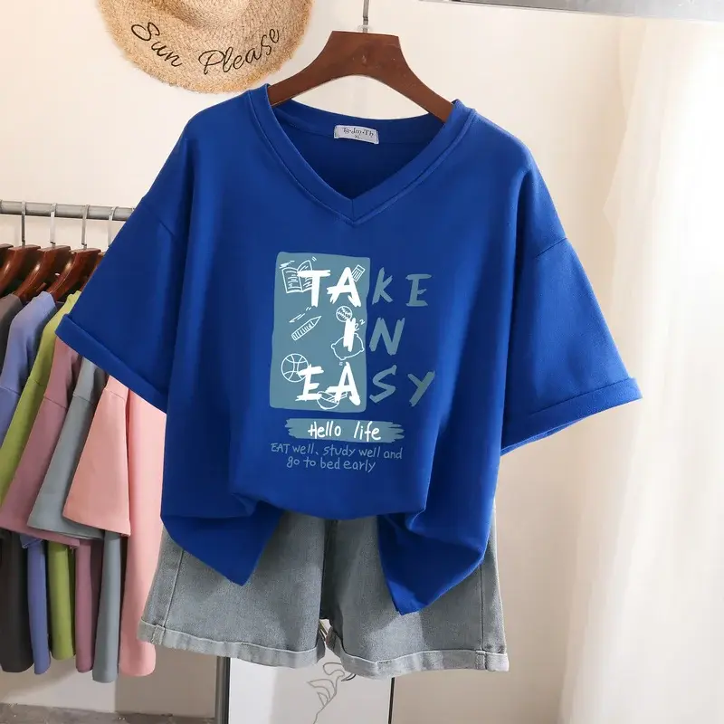 EBAIHUI – t-shirt à manches courtes et col en V pour femme, haut estival et surdimensionné avec lettres imprimées, 100% coton, Harajuku, M-6XL