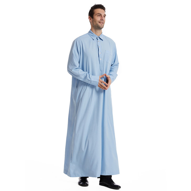 Moda musulmana de Oriente Medio para hombres, manga larga, cuello redondo árabe, Color sólido islámico, caftán Maxi, Dubái, Jubba larga, Thobe Abaya