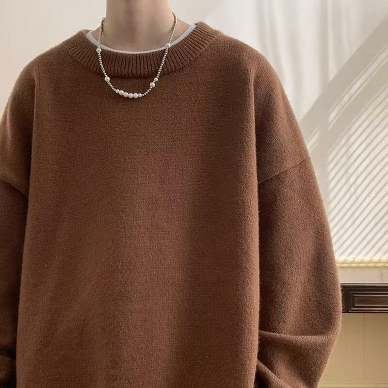 Suéter de cuello redondo para hombre, suéter de Color sólido, grueso y suave, estilo informal con puño elástico largo, otoño y primavera