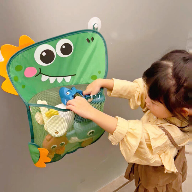 Tas penyimpanan mainan mandi bayi, cangkir isap desain tetap dinosaurus kartun lucu bentuk hewan kodok tas penyimpanan kisi kamar mandi anak-anak