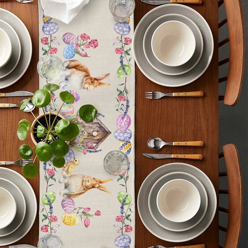 コースターのテーブルランナー、かわいいバニーダイニングテーブル生地、幸せな休日の装飾、家庭のパーティー用品、ギフト、春、2024