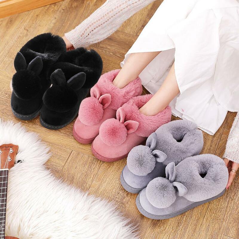 Soft Thick Sole Winter Plush Women Slippers Flat fur Fluffy Cartoon Rabbit Ear Thickened Female Slipper Cotton Shoes