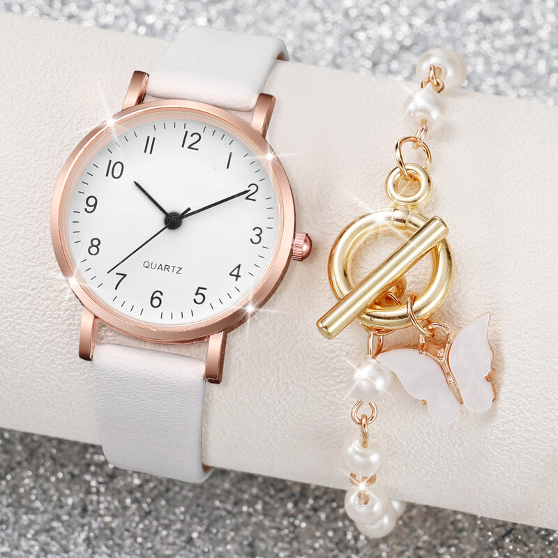 Relógio de quartzo borboleta pérola feminino, pulseira de couro, pulseira fashion, 2 peças por conjunto