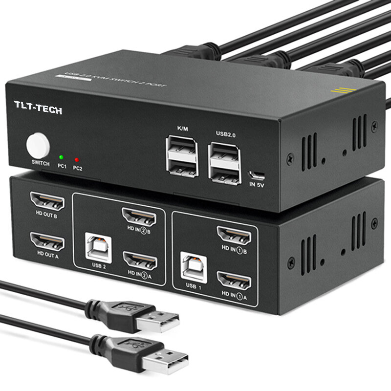 USB2.0 Dual Monitor KVM สวิทช์ HDMI 2พอร์ต4K 2 PC 2จอภาพ HDMI 2.0 HDCP2.2 4สาย HDMI และสาย USB 2
