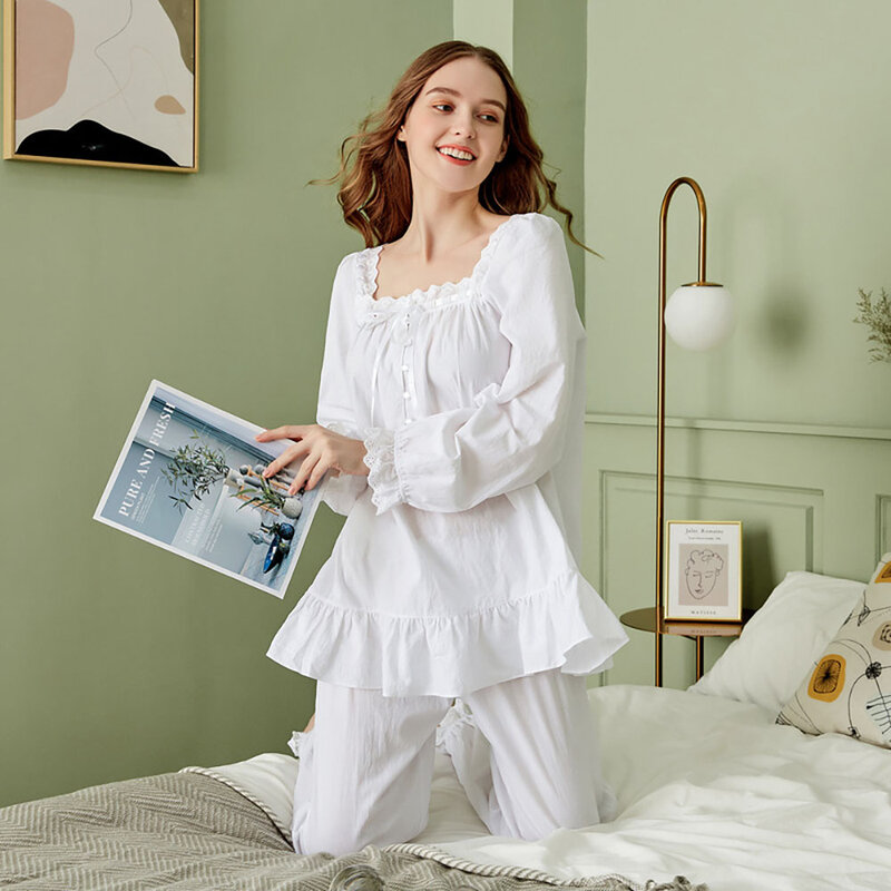 Cotton Long Sleeve Lace Sleepwear Suit Women Autumn Square Collar Pullover Oversized Pajamas White Loose Pants Lady Home Pyjamas