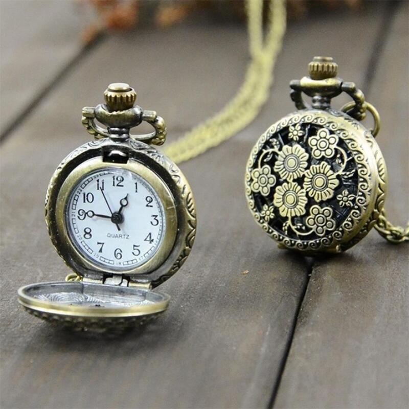 Reloj de bolsillo de cadena con colgante de tallado de collar de cuarzo Steampunk Retro, reloj de cobre Vintage, reloj Fob analógico ahuecado