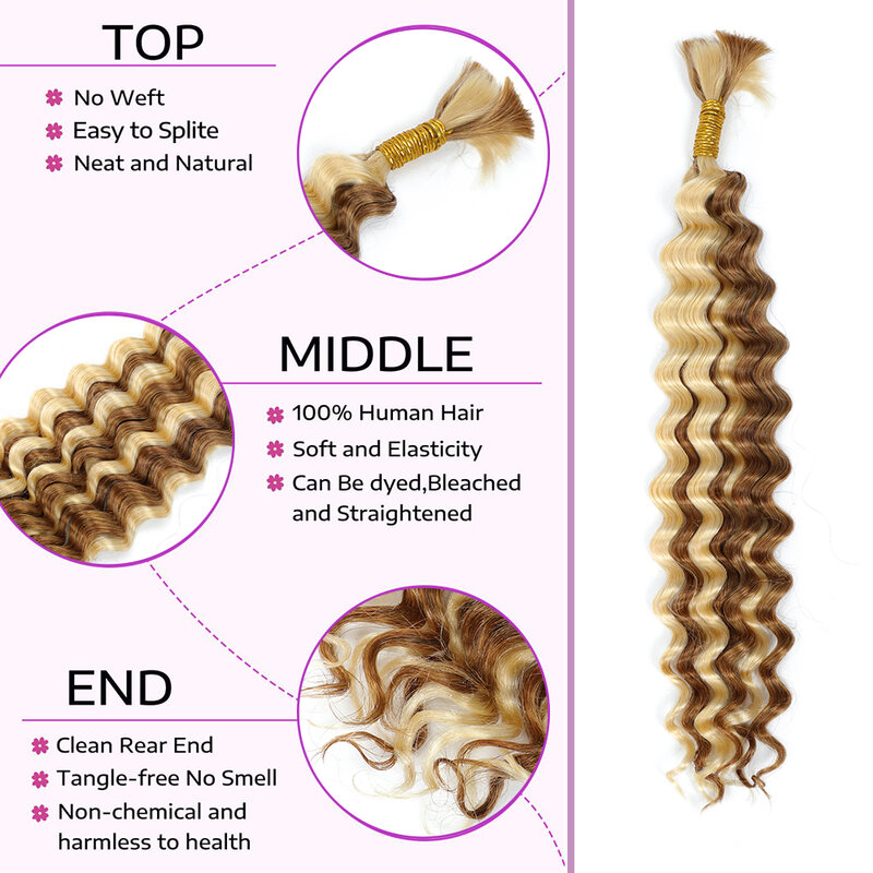 Linhua-Tresses de cheveux humains Deep Wave, Micro Crochet, Boho Boho Braids, Curly Highlight, Double Proximité, Wn Bulk, Blonde, P27, 613