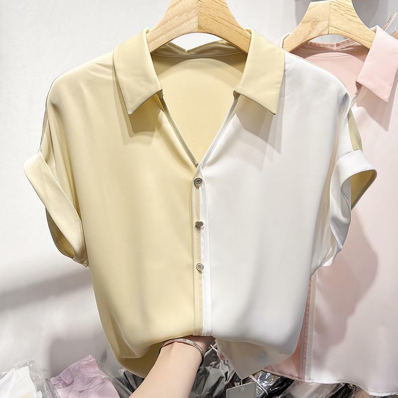 2024 Nowy letni spersonalizowany projekt Moda Patchwork z dekoltem w szpic Kontrastowy kolor Dojazdy do pracy Prosta i luźna koszula z krótkim rękawem
