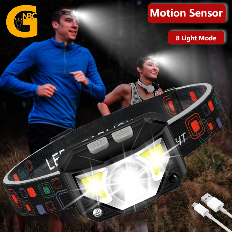 Linterna frontal LED ultraligera con Sensor de movimiento, 8 modos, recargable, superbrillante, para acampar al aire libre y correr