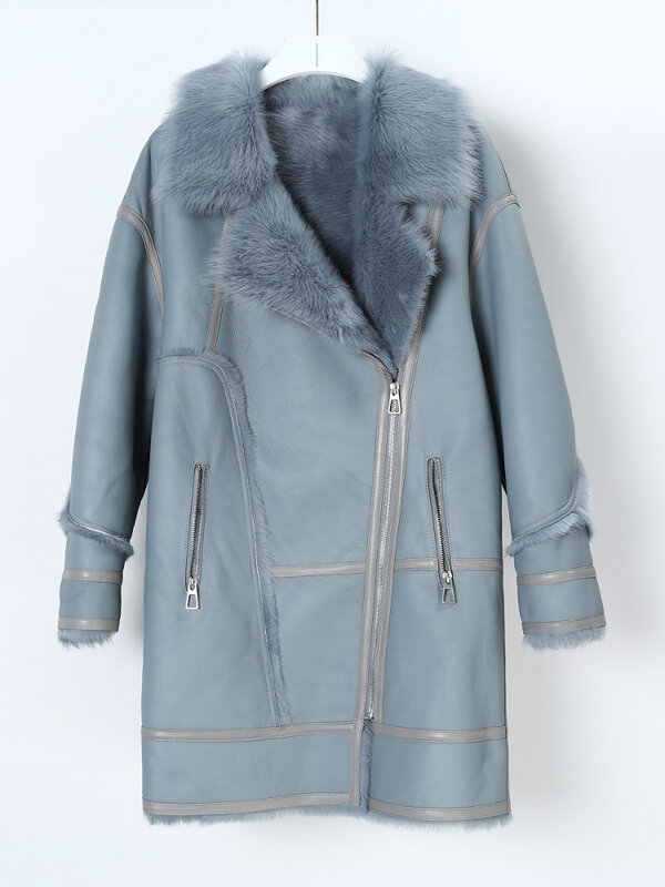 Jaket bulu domba bolak-balik wanita, Luaran ganda kulit asli mantel bulu asli musim dingin modis panjang untuk perempuan