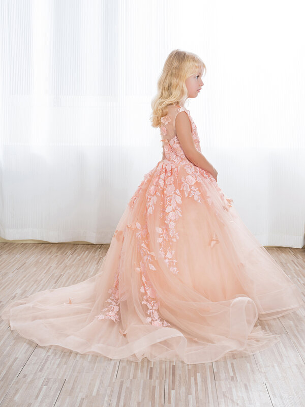 Реальное фото Тюлевое платье принцессы с цветами для девочек бабочки Цветочная аппликация без рукавов Вечернее бальное платье для девочек платье