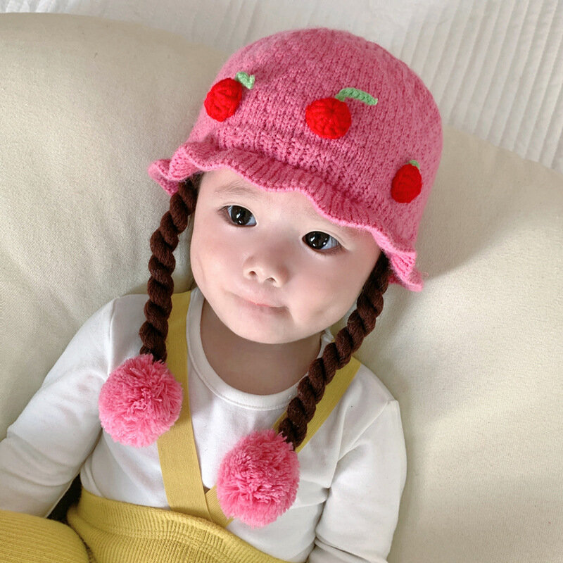 Baby gestrickt Prinzessin Hut niedlichen Cartoon Kirsche Perücke Geflecht Winter Gehörschutz warme wind dichte Mütze für Party