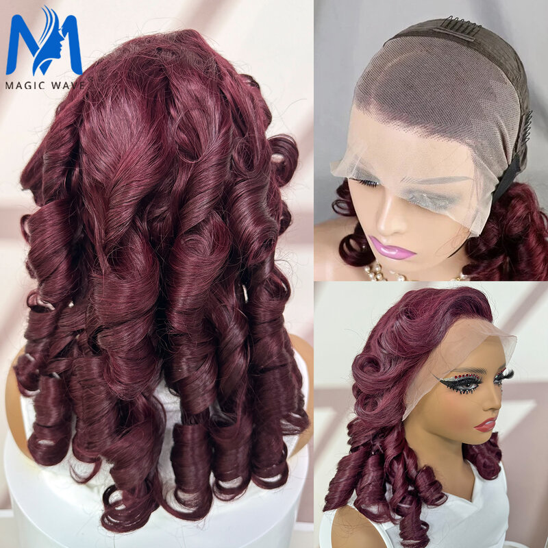 Perruque brésilienne en dentelle transparente bordeaux pour femme, perruques de cheveux humains, densité 300%, 99J, Egg Roll Wave, 13x4 HD