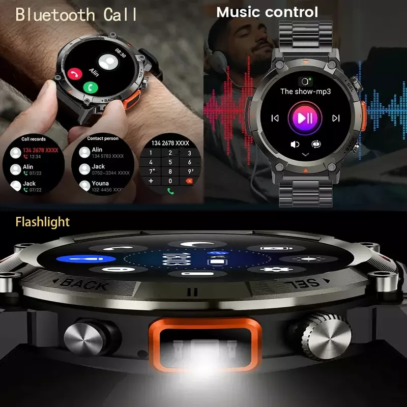 Смарт-часы мужские водонепроницаемые с поддержкой Bluetooth и фонариком