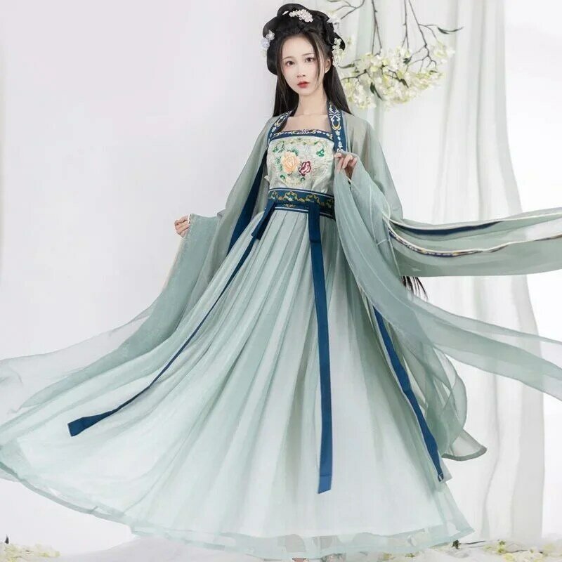 Vestido tradicional hanfu chinês para mulheres, bordado antigo, fantasia de dança, cosplay, dinastia Tang, saia feminina de verão