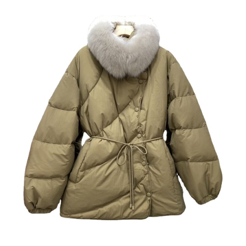Abrigo largo medio con cuello de piel de zorro para mujer, abrigo con lazo en la cintura, diseño a la moda, invierno, 2023