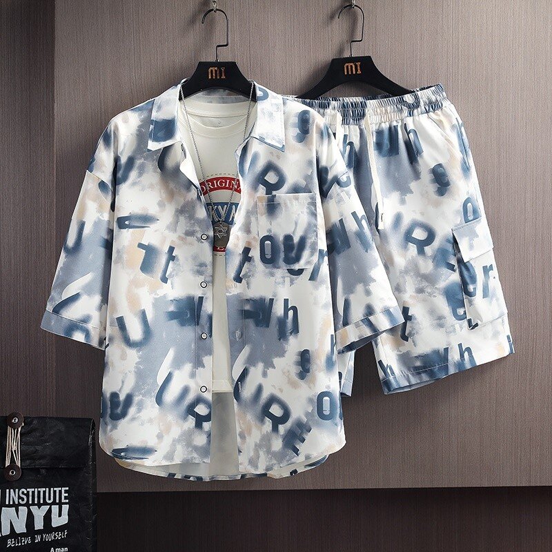 Conjunto de camisa estampada com letras graffiti masculino, roupa esportiva de algodão, moda casual, primavera, verão, 2024