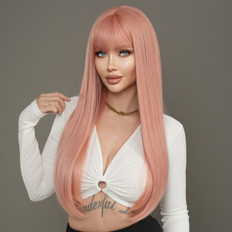 PARK YUN Long Straight Orange Pink Wigs For Women Daily Use High Density Synthetic Heat Resistant Hair Wigs With Neat Bangs