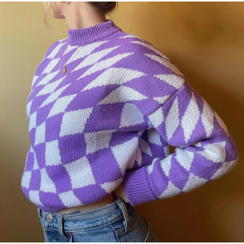 O-Neck Loose Female Pullover Sweet Long Sleeve Lady Pullovers Chic Student Jumpers Vintage Argyle Plaid Women Knitted Sweater