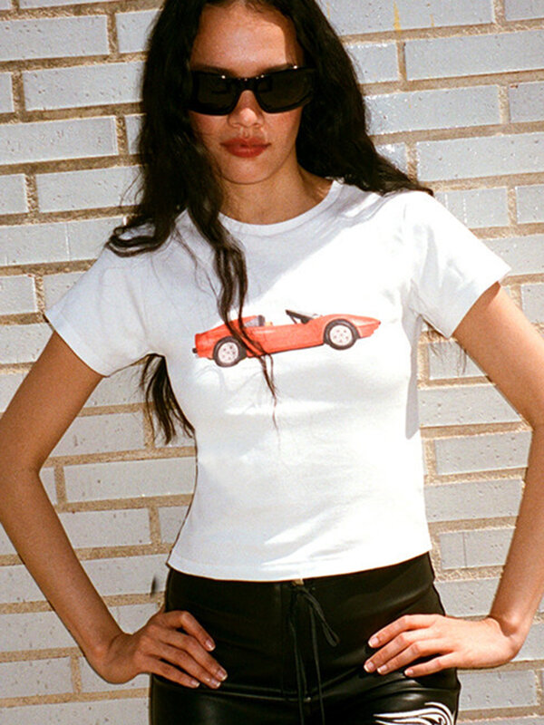 Mode Auto Grafik druck O-Ausschnitt T-Shirts Frauen neue Baumwolle lässig schlanke Brief Kurzarm T-Shirts süße schicke Vintage Tops Kleidung