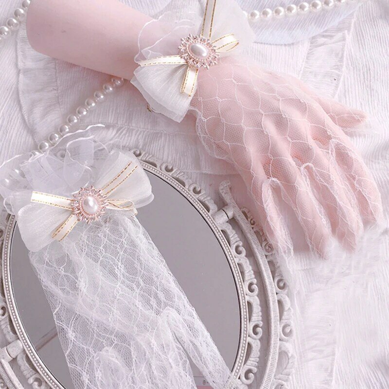 Koronkowe perłowe krótki ślubny rękawiczki Slim ślubne kokardka akcesoria suknia ślubna urodziny Cosplay damskie rękawiczki