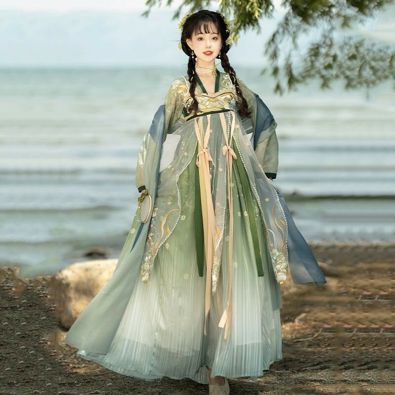 Hanfu-bordado a máquina de vestido alto en el pecho para mujer, brocado, nuevo, diario, fresco