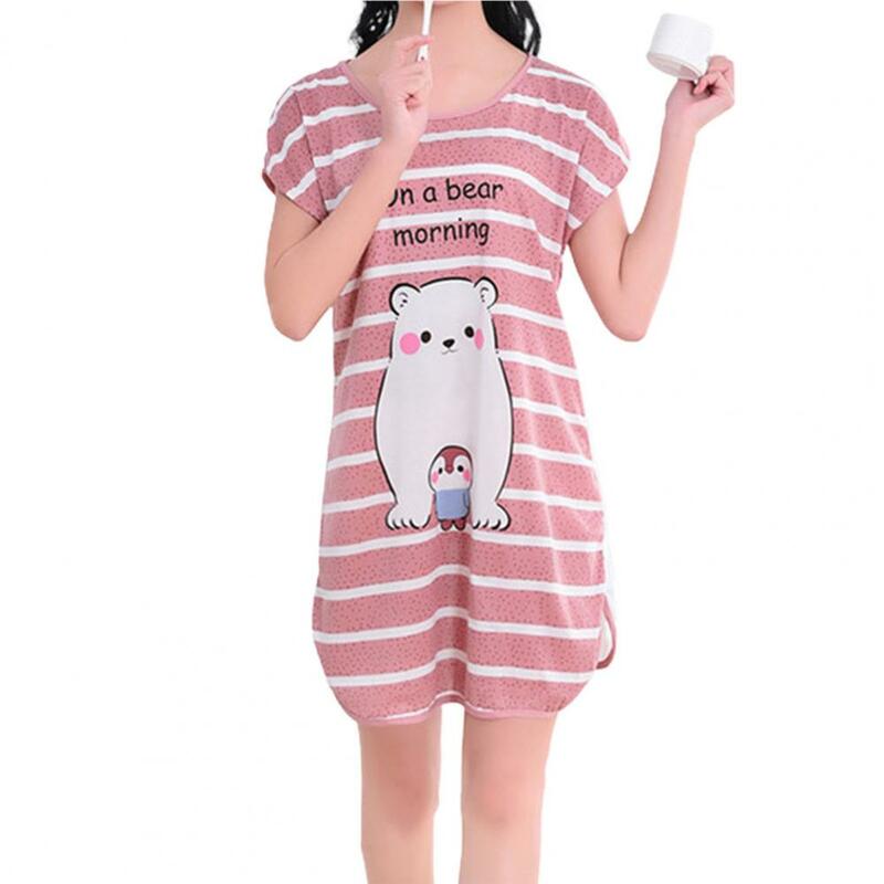 Camisón holgado con estampado de dibujos animados para mujer, bonito vestido de noche femenino con cuello redondo para dormitorio, para dormir