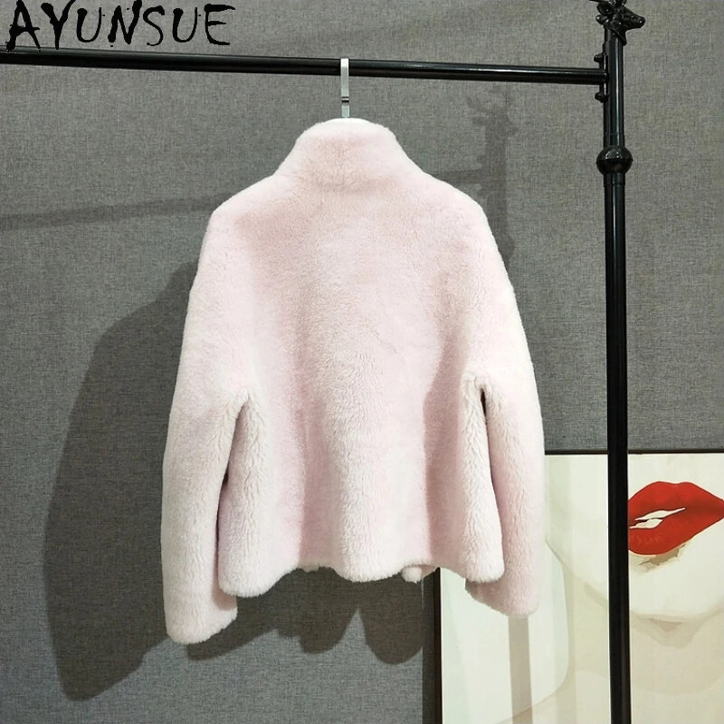 AYUNSUE-Vestes en laine pour femmes, 100% vraie fourrure, manteau court femme, style chaud, automne, hiver, veste à col montant, parka, 2024