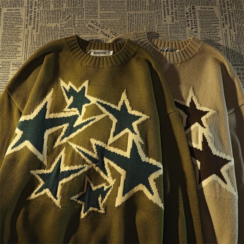 Suéter de estrella de calle alta Retro americano para hombres y mujeres, Chaqueta de punto suelta, versión coreana del viento perezoso, Tops de invierno, nuevo