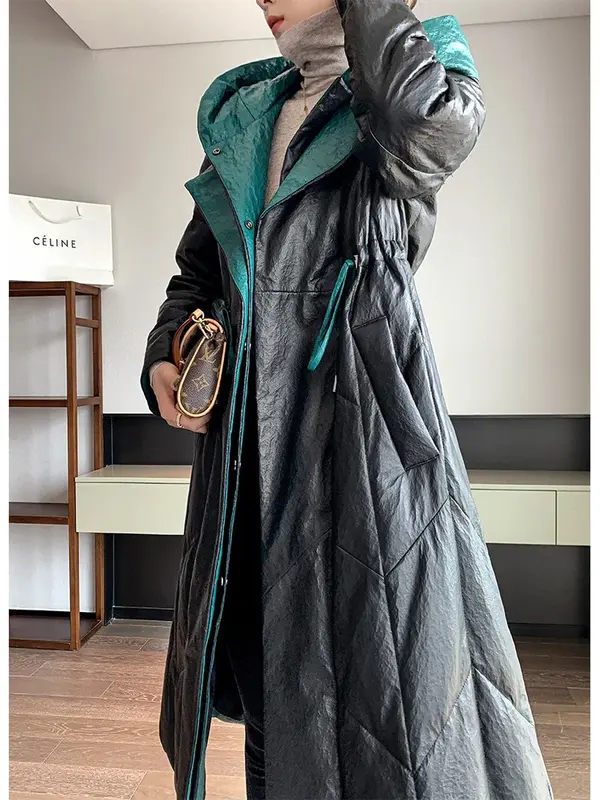 Jaqueta justa em couro real feminina, casaco longo, moda pele de carneiro, casaco elegante, novo, inverno, 2022, FC