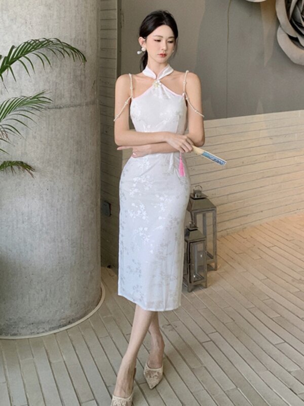 Harajpoo Retro chiński styl ciemna żakardowa sukienka bez rękawów elegancka seksowna z wysokim stanem Slim, Midi wisząca szyja ulepszona przedsionka
