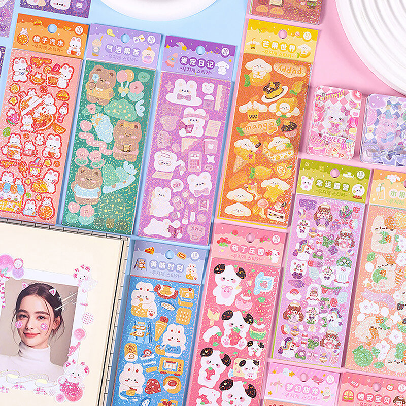카와이 한국 데코 스티커 팩, 귀여운 다채로운 만화 디자인, 반짝이는 반짝이 효과, 일기 데코, 10 개