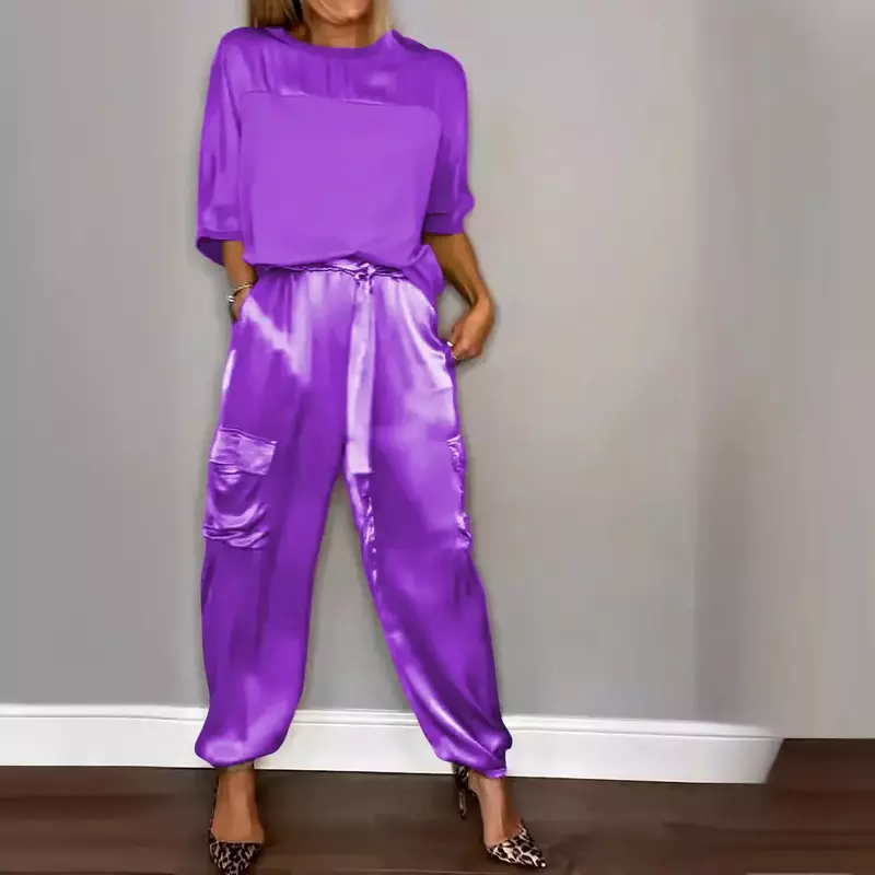 Women Spring Summer Fashion Solid Color Satin Two Piece Set Round Neck Long sleeved Top Long Pants Casual Loose Two Piece Set