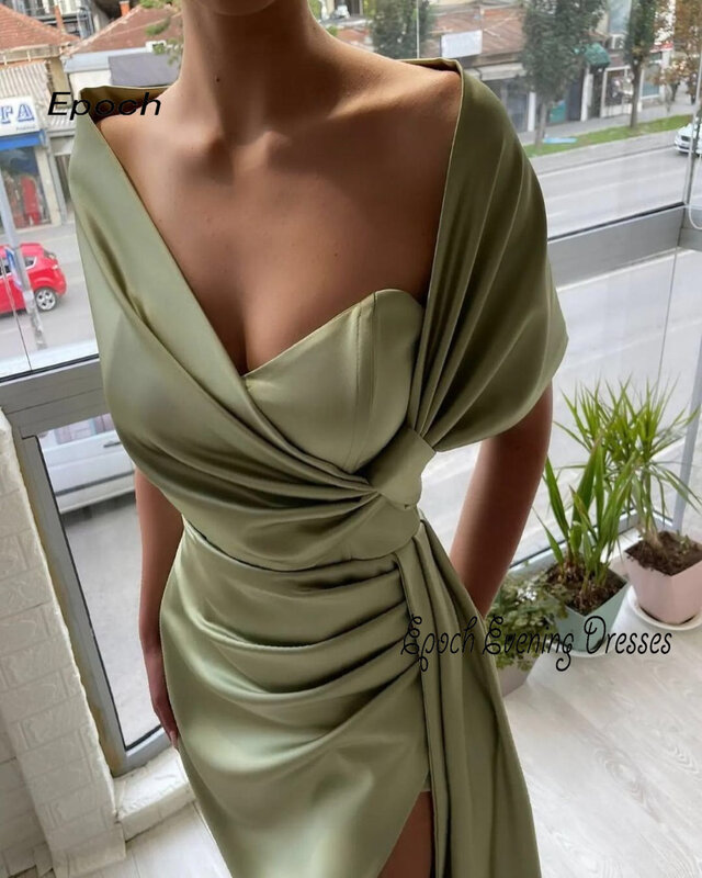Epoche Satin von der Schulter Abendkleid elegante maßge schneiderte Meerjungfrau High Split weich grün Ballkleid für sexy Frauen 2024