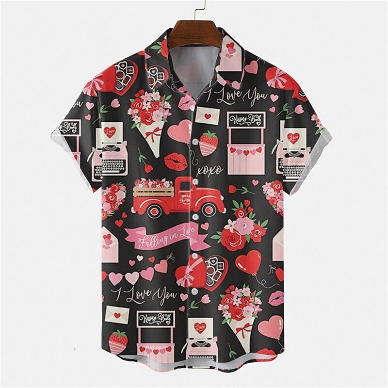 Camisa havaiana de verão masculina, padrão de coração, lapela, arco-íris, rua, casual, manga curta, estampa de botões, moda