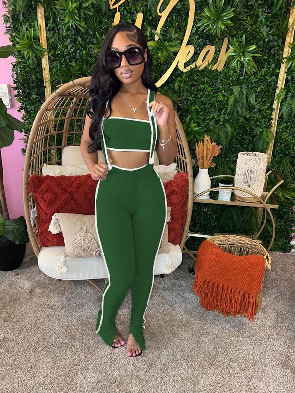 Women Patchwork Two Piece Set Strapless Tube Crop Tops Spaghetti Straps High Waist Split Pants Casual Slim High Stretch Suits
