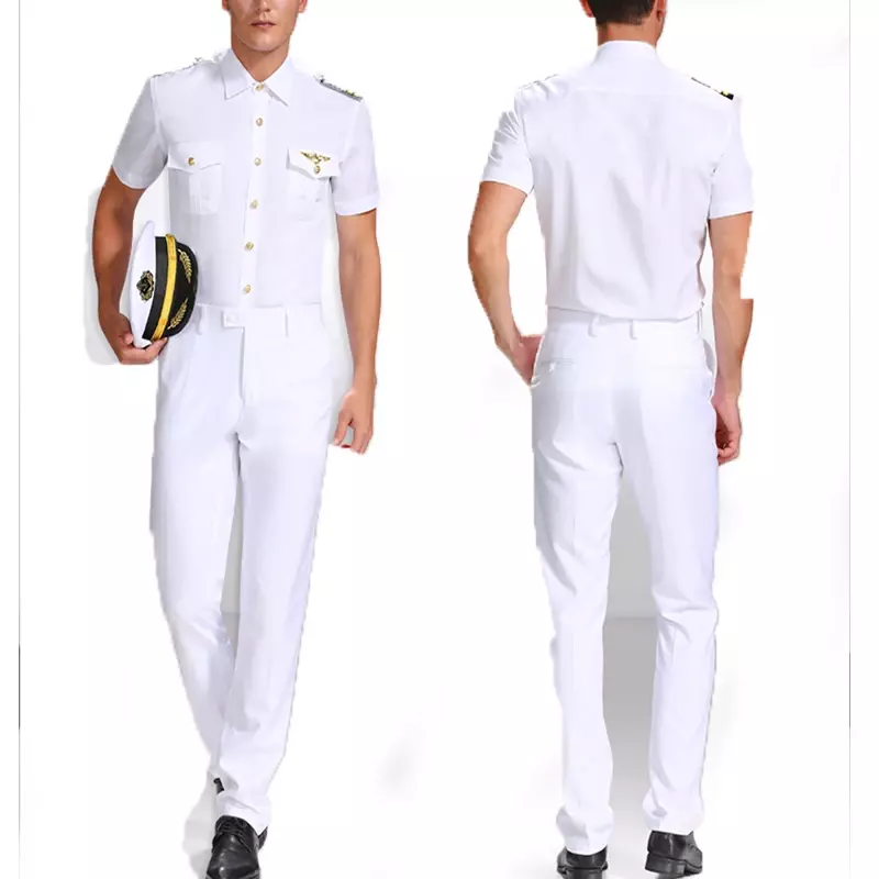 Uniforme branco marinheiro para homens, camisa da marinha masculina, traje de performance para piloto e marinheiro, camisas de aviação, marinheiro e marinheiro