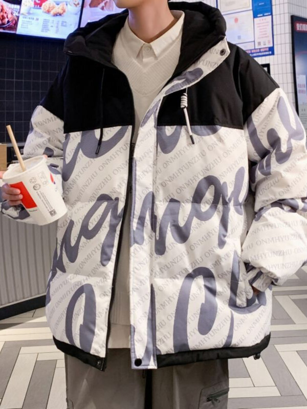 한국 버전 다운 재킷 파카, 짧은 스타일 작업복, 두꺼운 후드, 보온, 편안한 스플라이싱 코트, 가을 및 겨울