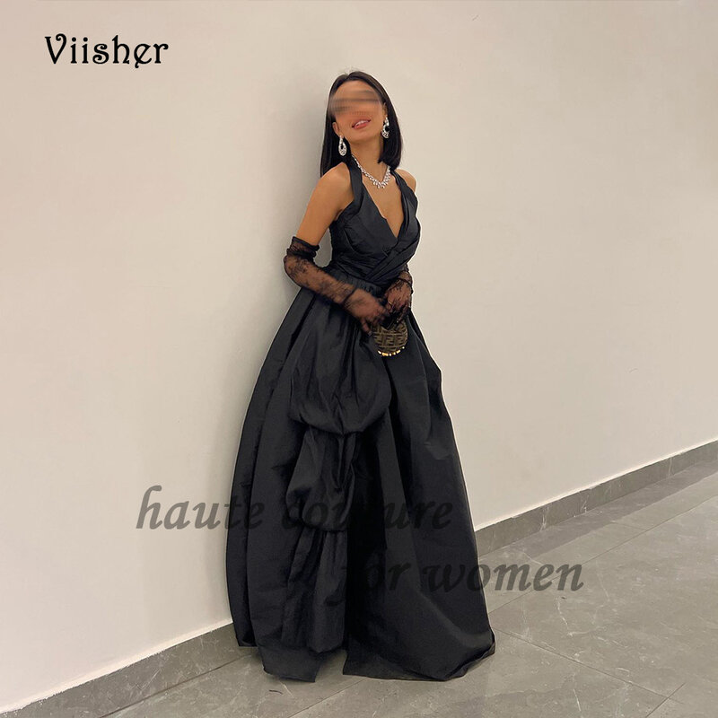 Gaun Prom Halter A Line Satin hitam gaun pesta malam Dubai Arab tanpa lengan leher V gaun Formal panjang lantai punggung terbuka