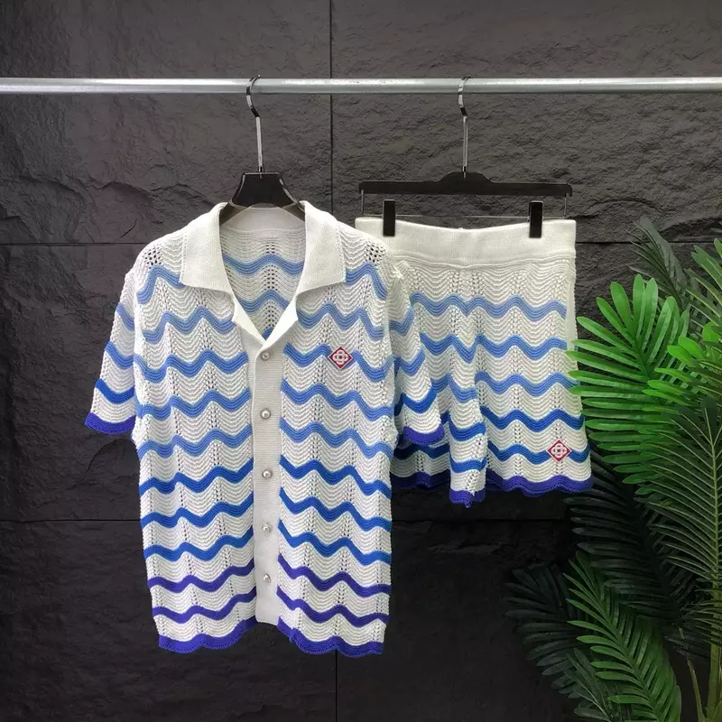 Мужская винтажная вязаная рубашка с вышивкой, летние пляжные градиентные полосатые вязаные топы с коротким рукавом для мужчин, Повседневные вязаные кардиганы