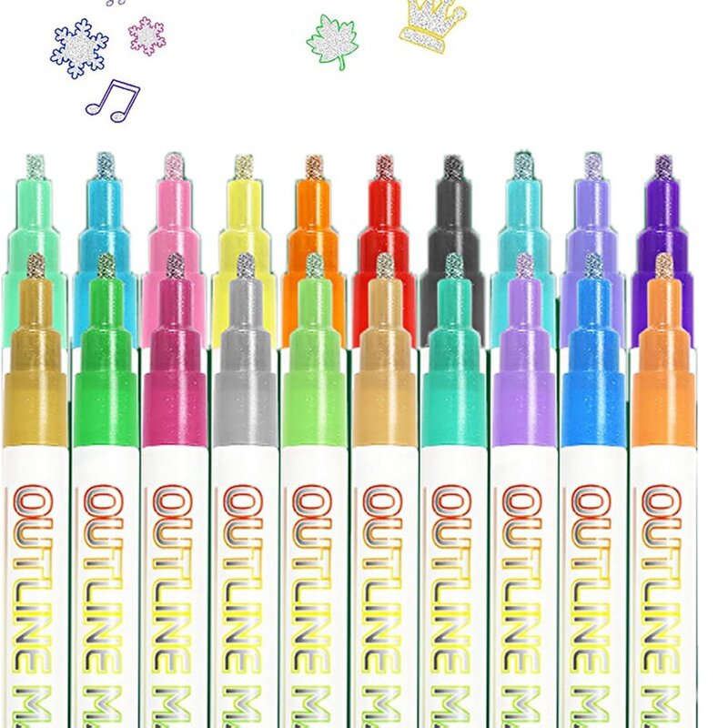 Metallic Outline Verf Markers, 20 Kleuren Shimmer Contour Markers Pennen, Kenmerkende Metallic Outline Verf Markers Duurzaam