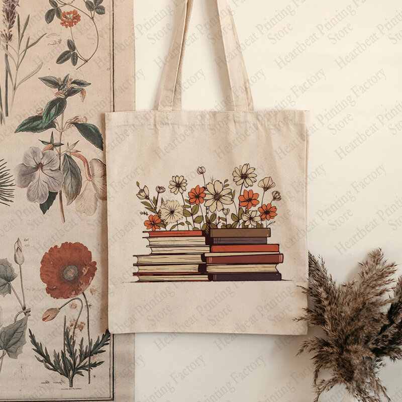 Sacola padrão de livro de flores para mulheres, bolsa de ombro para bookworm diário, presente do amor do livro, sacola de compras reutilizável