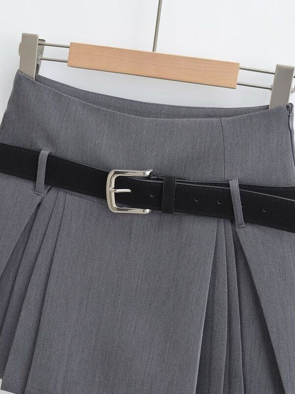 Rok lipit gaya kuliah serbaguna dengan ikat pinggang tinggi Anti silau rok A-line rok pendek modis untuk wanita