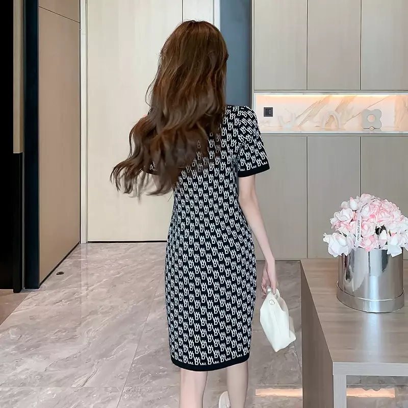 YUQI-우아한 반팔 o넥 니트 드레스, 여성 클럽 파티 빈티지 자카드 미디 드레스 스키니 여름 2023 가벼운 럭셔리