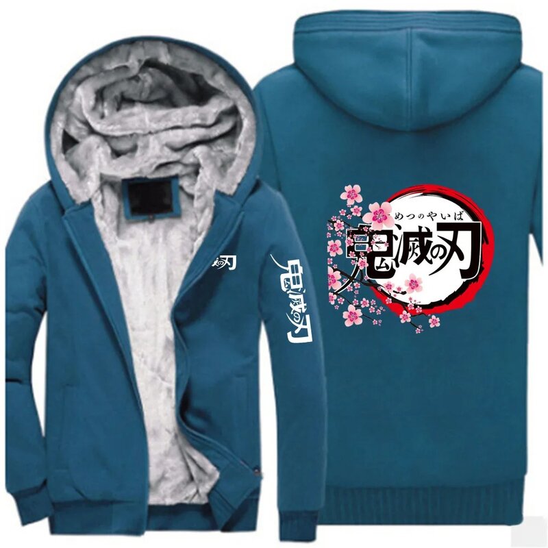 Demon Slayer Mens Autumn Winter Warm Fleece Zipper Jackets Kamado Tanjirou Graphic Slim Fit Thickened Hoodie Coat